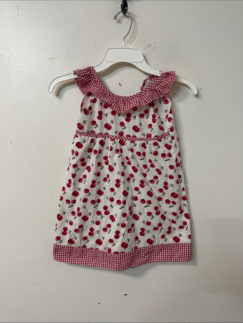 Girls' Red Cherry Print Sundress with Gingham Trim